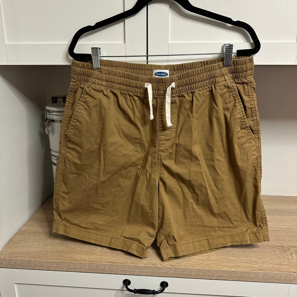 Old Navy Drawstring Shorts Men L Khaki Chino Tan Stretch Twill Elastic Waist 7in
